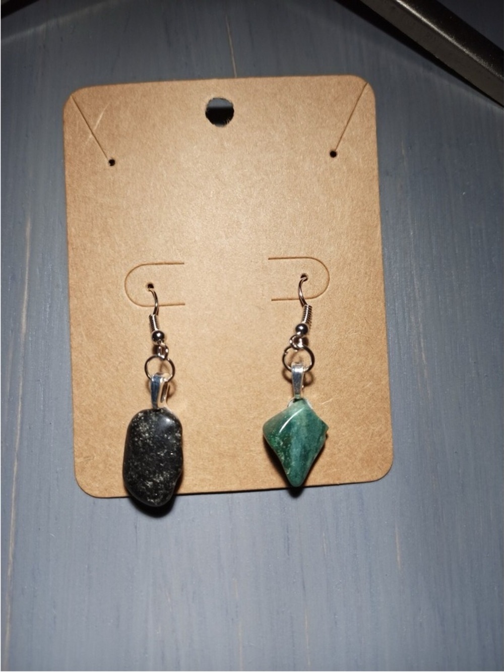 Handcrafted Green and Black Stone Drop Earrings - Unbranded